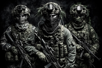 Fototapeta na wymiar Powerful Special Forces Military Unit in Full Tactical Gear on Wartime Battlefield - Stunning Illustration captures bravery and strength of soldiers ready for action. Ideal for articles and websites 