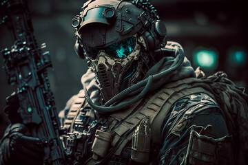 Fototapeta premium Powerful Special Forces Military Unit in Full Tactical Gear on Wartime Battlefield - Stunning Illustration captures bravery and strength of soldiers ready for action. Ideal for articles and websites 