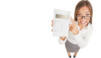 Accountant funny. Fun high angle perspective of an attractive gleeful woman or accountant in glasses pointing to a calculator that she is holding up with a blank digital readout isolated on white
 - Powered by Adobe