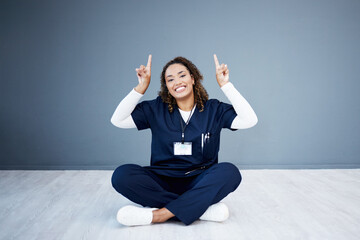 Nurse, portrait or pointing up at hospital promotion, life insurance deal or advertising mockup space. Smile, happy or doctor showing hands at woman healthcare, wellness mock up or volunteer branding