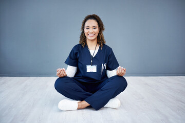 Nurse, portrait or sitting meditation on hospital mockup, clinic mock up or wall for mental health,...