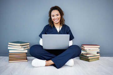 Nurse, portrait or laptop in hospital research, wellness books study or education in medicine...