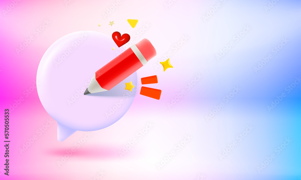 Poster Speech cloud with red pencil. Writng a new message concept. 3d vector banner with copy space