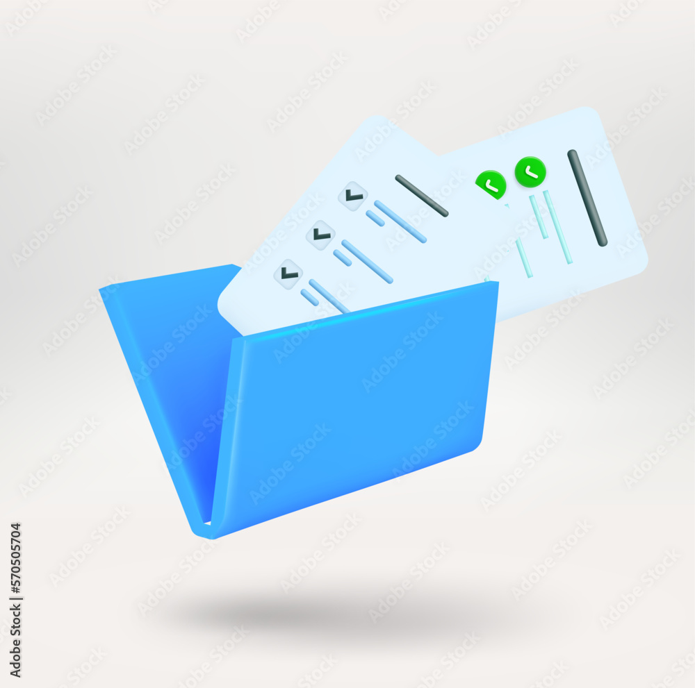 Poster Blue folder with paper sheets with survey. 3d vector icon isolated on white background