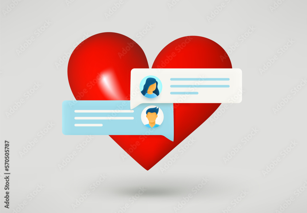 Aufkleber red heart with speech balloons. dating via internet concept. 3d vector illustration