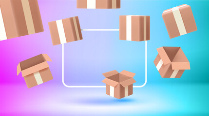 Poster template with boxes and empty frame. New post concept. Vector 3d banner 