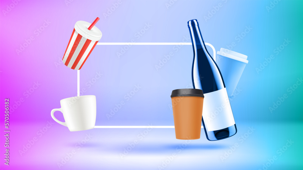 Aufkleber Poster template with beverages and empty frame. New post concept. Vector 3d banner 