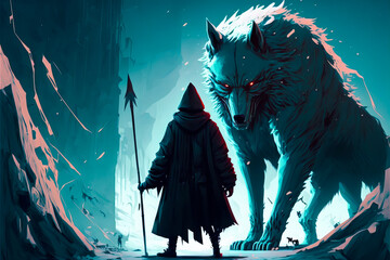 Warrior with spear with huge dire wolf in the dark forest, Generative AI. Fearless warrior ready for battle. Strength and bravery concept. Hunt concept.