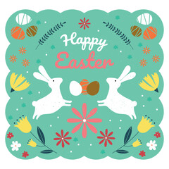 Vector happy easter card. Rabbits with flowers on blue background. Colored Easter eggs. Ready-made background or printable postcard.