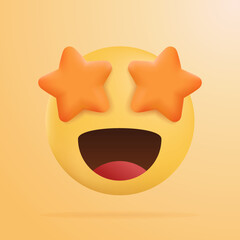 Obraz premium Starry eyed emoji. Grinning Face with Star Eyes Emoji. Star struck emoticon. Yellow face with heart eyes 3D. Vector Illustration.