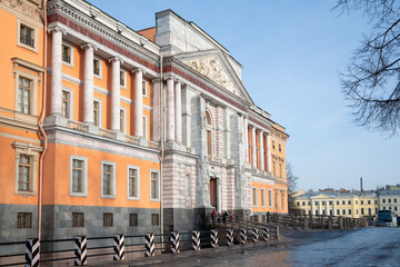 At the facade of the old Mikhailovsky (Engineering) castle on a sunny February day. Saint Petersburg