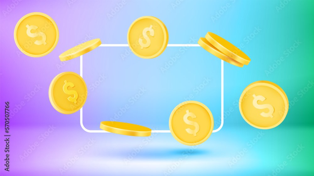 Poster Poster template with golden coins and empty frame. New post concept. Vector 3d banner 
