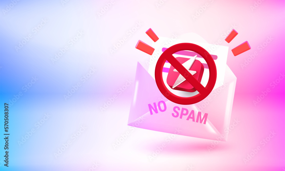 Poster Paper envelope with no spam concept. 3d vector banner with copy space