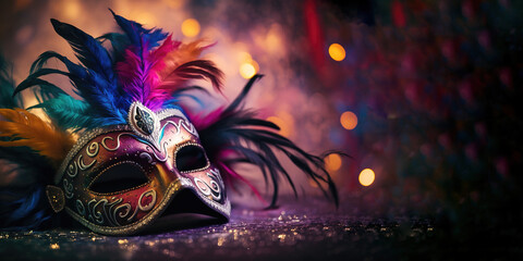 copy space for carnival mask with beads and feathers blurred confetti background. Generative AI