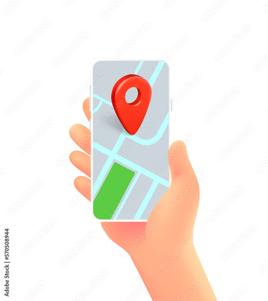 Poster Hand with smartphone and navigation app. 3d vector illustration