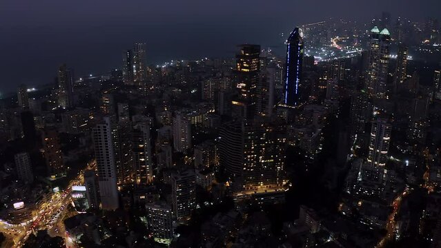 Mumbai night skyline aerial drone view Mahalaxmi area, India, Maharashtra, 4k cinematic