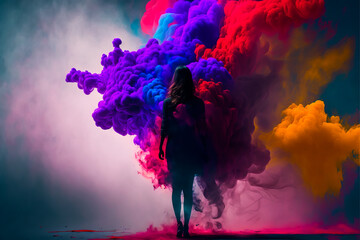 Female silhouette in abstract multi color paint explosion on black background. Paint clouds with person silhouette on black background, Generative AI