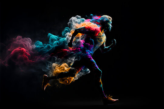Male run in abstract multi color paint explosion on black background. Freeze motion male athlete running through paint cloud. Paint clouds with person silhouette on black background, Generative AI