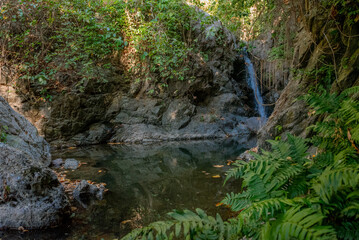 Naklejka na ściany i meble Deep forest waterfall background image.