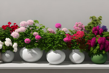 green plants and flowers in pots on the table and white background, generative ai