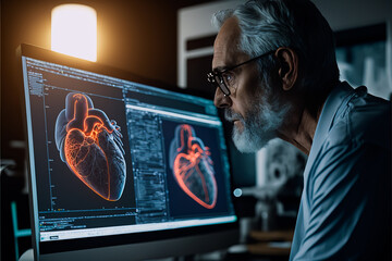 The senior male doctor looks at the heart on a monitor. Medical innovation technology concept. Experienced heart surgeon exam patient heart on a computer, Generative AI. Heart health concept. - obrazy, fototapety, plakaty