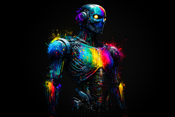 Cyber human robot with neon glowing parts on black background, Generative AI. Cyborg human. Male war robot. Futuristic warrior. Metal form of life.