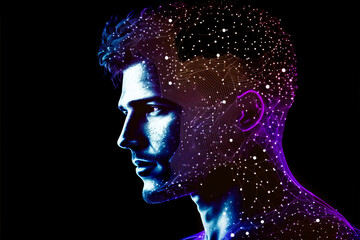 Digital human. New era human concept. Cyber male portrait. Male face made from colorful dots, planes, meshes and lines, Generative AI. AI personalisation concept.