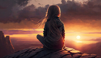 Girl sitting on a rock looking into sunset (Generative AI, Photoshopped)