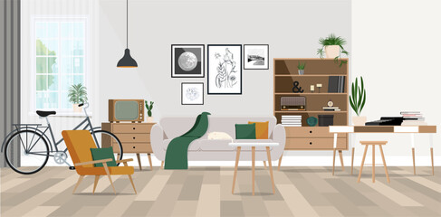 Illustration retro living room design with old tv, cabinet and radio along with work area with typewriter