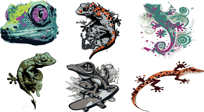 Lizard gecko illustration vector graphic pack, cute geckos