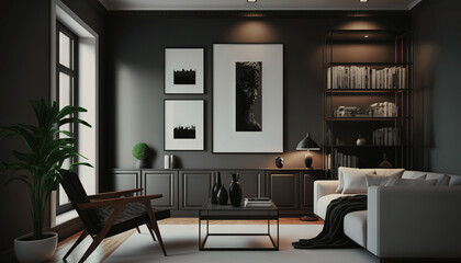 Fototapeta premium Minimalist black style interior design idea. Generative AI