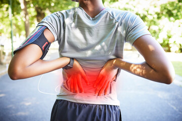Fototapeta premium Red back pain, fitness and woman outdoor in park for exercise injury with scoliosis, wound and risk of arthritis. Female athlete with spine fracture, medical health emergency or chiropractic accident