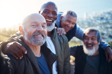 Senior hiking, selfie and nature walk of elderly men smile together in retirement. Friends,...
