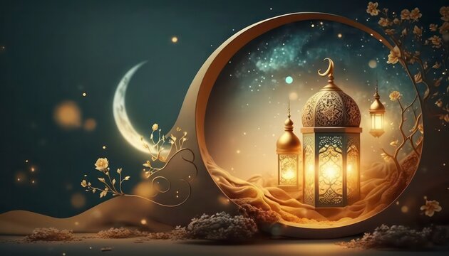 Ramadan Greeting Banner with Golden Styler, 3D rendering Background created by Generative AI