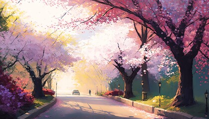 桜並木の風景　AI generated