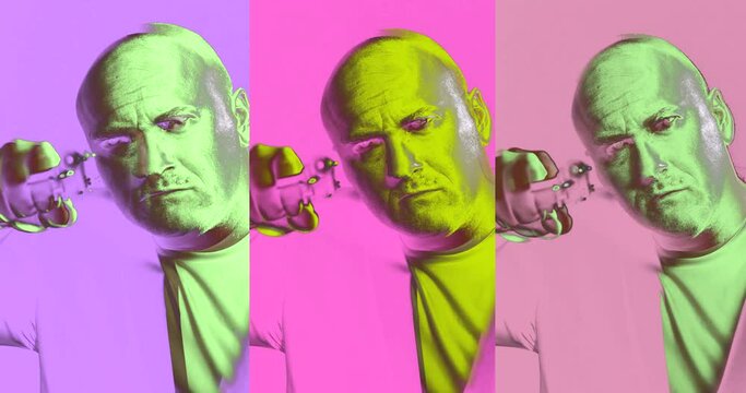 triple synchronous portrait of man with gun, neon psychedelic portrait with glitch effects