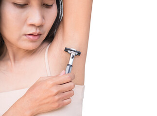 Women Shaving Armpits Underarm,Girl Depilate with Shave Razor for Deodorant and Clean Beautiful,Person Show Arm Hand Isolated on White Background,Lifestyles Medical Spa at Home in Holiday for Health.