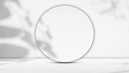 Products Background Circle Podium Partition on Table Counter Bar Studio Room Backdrop,Abstract Wallpaper Luxury Design,White Light Shadow Leaves Overlay with Mockup Partition Cosmetic Summer Wall.