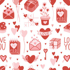 Vector Valentines Day seamless pattern with hand drawn love symbols.