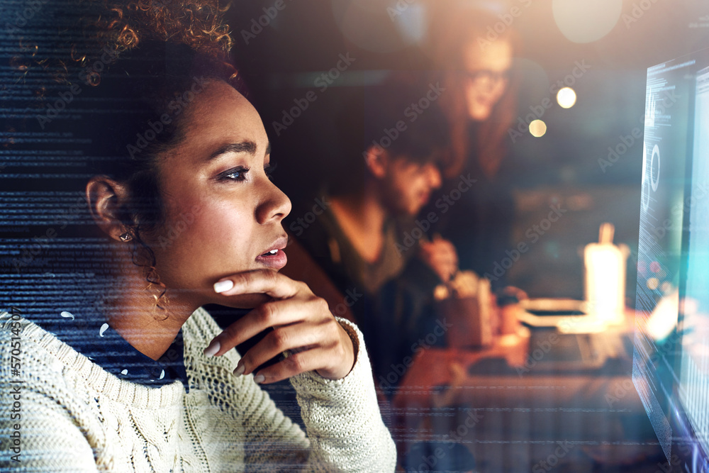 Poster thinking, futuristic overlay and black woman on computer for online finance, fintech and data analys