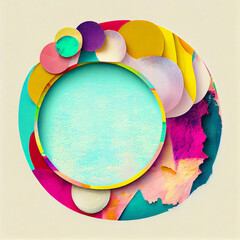 Fun tropical color collage frame plain background, Vibrant mixed media circular design. Minimalistic round frame with cheerful hues. Blank space for unique logo (generative AI, AI)