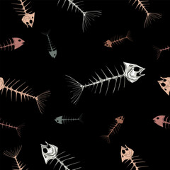 Pattern of fish skeletons on a black background