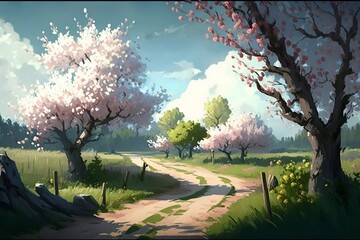 Flowering Trees & Open Road, Generative AI, Desktop, Wallpaper, 16:9 Ratio