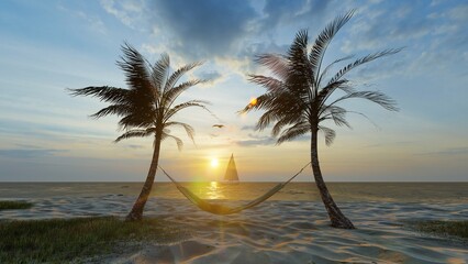 Palm trees in Paradise white sand beach, blue sky and sailboat in tropical sea in exotic island.