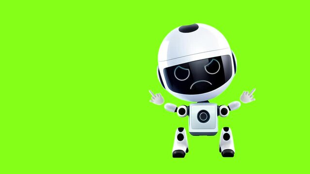 A little evil robot. The middle finger. Anger. Green background.