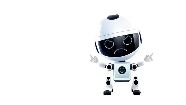 A little evil robot. The middle finger. Anger. White background.