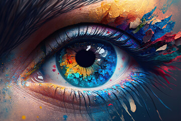 Generative AI. Macro photography of an unreal human female eye close-up. The iris of the eye. Rainbow colors . Vertical illustration