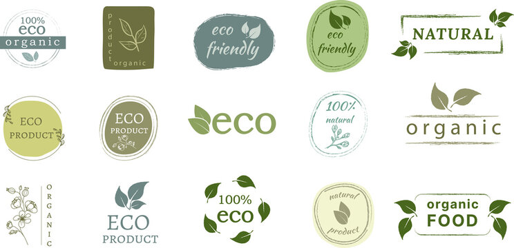 Vector set of hand drawn eco logos and emblems of organic food, natural products, advertising badges collection, organic product promotion, healthy lifestyle. PNG