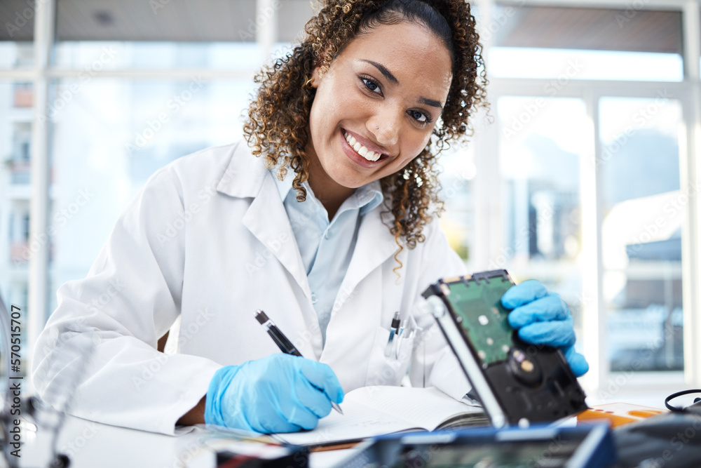 Aufkleber Black woman, lab and computer circuit for portrait in cyber crime investigation, analysis and IT solution. Information technology engineer, notebook and laboratory for programmer, writing and notes