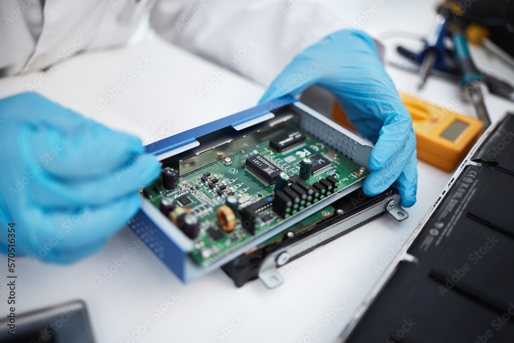 Leinwandbilder Computer hardware, repair and hands of engineer working on electronic cpu, circuit and microchip. Information technology maintenance, programming and electrician fix coding, motherboard and processor
